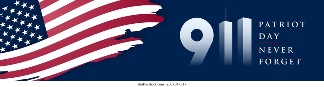 Creative 911 theme with waving American flag and tribute text