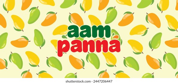 Bebida creativa (Aam Panna), etiqueta engomada de Aam Panna. Patrón de Vector sin costura con mango sobre un fondo amarillo. Conveniente para el diseño de la tela textil, papel de envoltura. Ilustración vectorial.