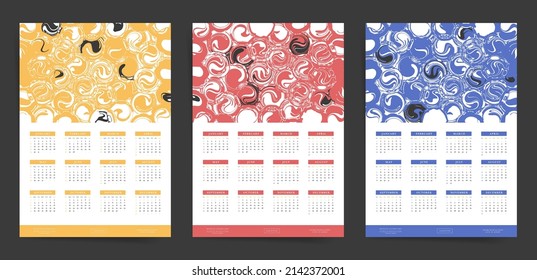 Creative abstract 2023 year calendar design. Set of 12 months 2023 calendars with abstract circles and shapes. Vector wall calendar backgrounds.
