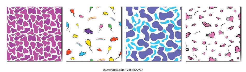 Creative abstract art background for children. Fun colorful line doodle seamless pattern with ballon, cloud, rainbow, arrow, love heart, wide lip, tile. Patterns for anniversary, party, festive print