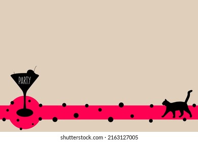Creative abstract art background with empty space for your text. Useful for photo cards,school invitations,advertising. Design vector template with wineglass and walking cat.