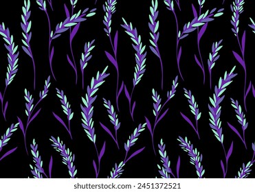 Creative abstract artistic plants cereals seamless pattern on a black background. Hand drawn sketch vector small branches with tiny shapes leaves. Template for design, fabric, printing, 