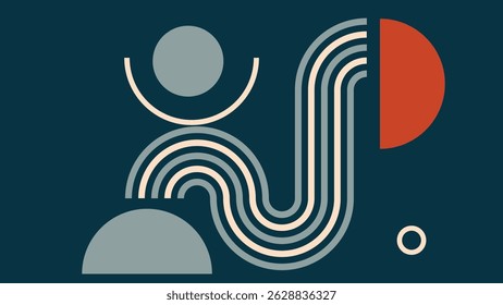 Creative abstract artwork with curved lines and half-circle shapes on a dark background. Ideal for retro style projects and modern graphic design concepts.