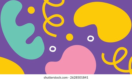 Creative abstract artwork featuring colorful blobs and playful shapes on a vivid purple background. Ideal for branding and visual projects.