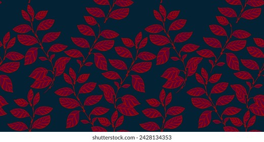 Creativo abstracto otoño hojas tallos patrón sin fisuras. Tapicería de hojas de ramas de color burdeos brillante sobre un fondo azul oscuro. Vector dibujado a mano. Plantilla de collage para diseños, estampado, impresión