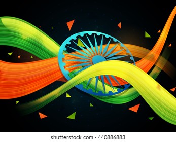 Creative abstract background with 3D Waves and Ashoka Wheel for Indian Independence Day and Republic Day celebration.