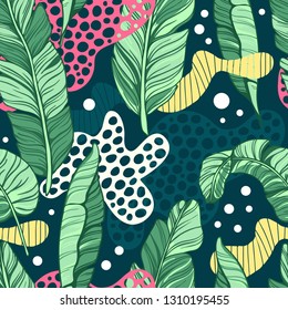 Creative abstract background with banana leaves in trendy colors. Design for fabric and textile. Good for card, invitation, brochure and web design.