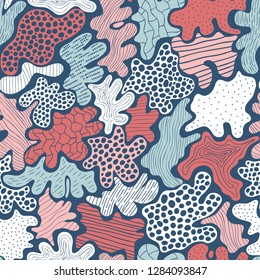 Creative abstract background with bright spots element. Doodle cell structure seamless pattern in trendy colors. Design for fabric and poster textile. Good for card, invitation and brochure.
