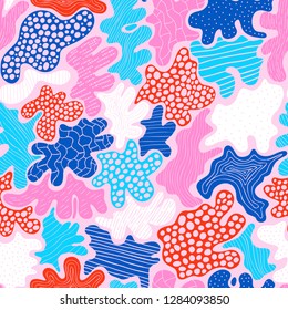 Creative abstract background with bright spots element. Doodle cell structure seamless pattern in trendy colors. Design for fabric and poster textile. Good for card, invitation and brochure.