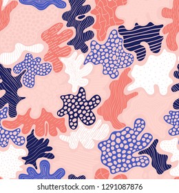 Creative abstract background with bright spots element. Doodle cell structure seamless pattern in trendy colors. Design for fabric and poster textile. Good for card, invitation and brochure.