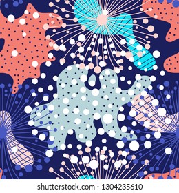 Creative abstract background with bright spots element. Doodle cell structure seamless pattern in trendy colors. Design for fabric and textile. Good for card, invitation, brochure and web design.