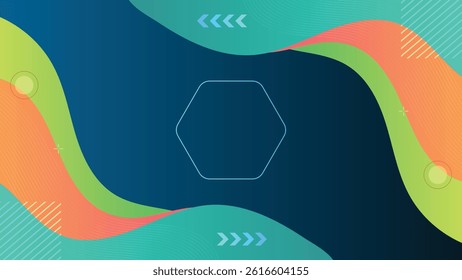 Creative abstract background featuring wavy shapes in green orange and teal with hexagon center