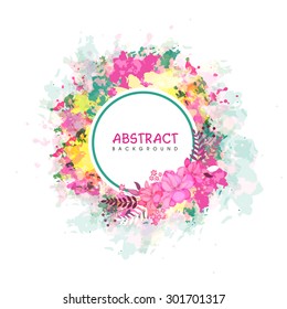 Creative abstract background with grungy colorful splash and beautiful pink flowers. 