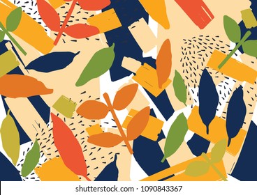 Creative abstract background with scattered stylized leaves. Modern bright colored horizontal backdrop with natural decorations. Trendy decorative vector illustration in contemporary art style