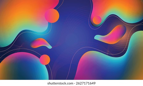 Creative abstract background with vibrant fluid shapes and gradient tones on a deep blue base