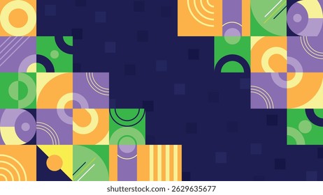 Creative abstract background with vibrant geometric shapes including squares circles and lines on dark blue