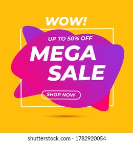 Creative abstract banner mega sale 50% off. graduent purple and yellow background color