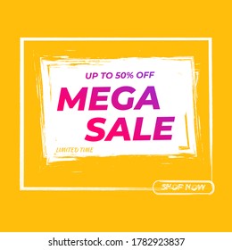 Creative abstract banner mega sale 50% off. gradient purple and yellow, watercolor style