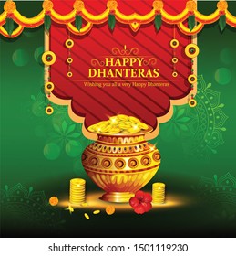 creative abstract, banner or poster for Dhanteras with Goddess Maa Lakshmi / with Gold coin in pot for Indian dhanteras and diwali festival celebration