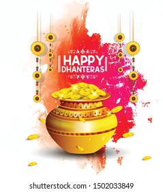 creative abstract, banner or poster for Dhanteras with Goddess Maa Lakshmi / with Gold coin in pot for Indian dhanteras and diwali festival celebration