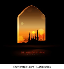 creative abstract with beautiful design illustration of green mosque and moon in a background with the text of eid and Milad Un Nabi