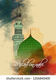 creative abstract with beautiful design illustration of green mosque and moon in a background with the text of eid and Milad Un Nabi