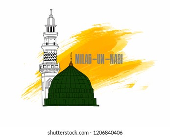 creative abstract with beautiful design illustration of green mosque and moon in a background with the text of eid and Milad Un Nabi