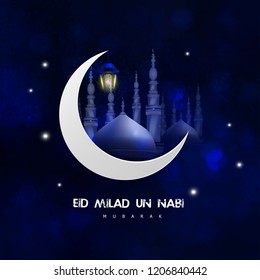 creative abstract with beautiful design illustration of green mosque and moon in a background with the text of eid and Milad Un Nabi