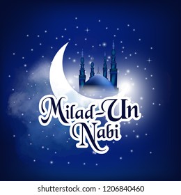 creative abstract with beautiful design illustration of green mosque and moon in a background with the text of eid and Milad Un Nabi