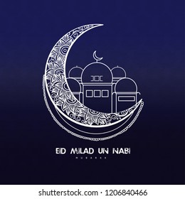 creative abstract with beautiful design illustration of green mosque and moon in a background with the text of eid and Milad Un Nabi