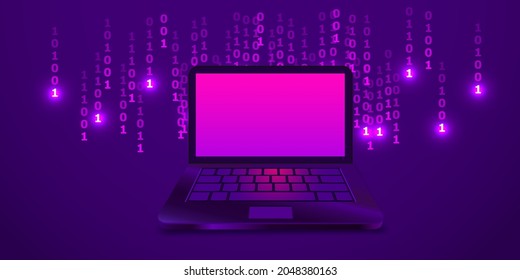 Creative abstract binary code sketch on modern laptop background, hacking and matrix concept.