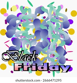 Un diseño abstracto creativo de Black Friday con Formas orgánicas fluidas, colores degradados audaces y esferas multicolores, combinado con una tipografía elegante, que simboliza la energía y el estilo moderno.