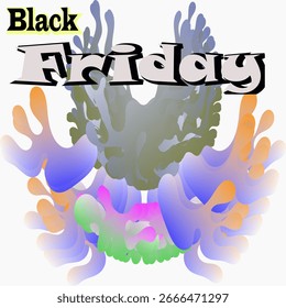 A creative abstract Black Friday design featuring flowing organic shapes, bold gradient colors, and multicolored spheres, combined with elegant typography, symbolizing energy and modern style.