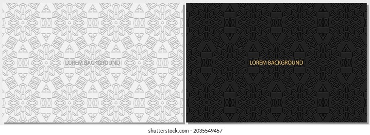 Creative abstract black and white banners, cover design set, horizontal vector templates. Geometric volumetric convex ethnic 3D pattern. Eastern, Indonesian, Mexican, Aztec style.