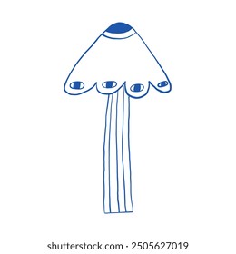 Creative abstract blue mushroom featuring a unique design with multiple eyes. Minimalistic line art style for imaginative or fantasy themes. Perfect for artistic and whimsical projects.