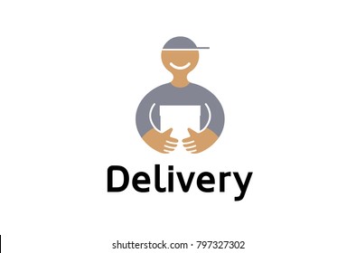 Creative Abstract Body Happy Postman Holding Box Parcel Logo Design Symbol Illustration