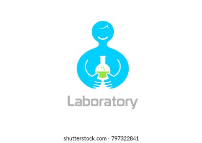 Creative Abstract Body Holding Blue Science Beaker Logo Design Symbol Illustration