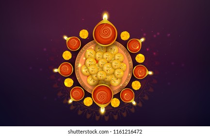 Creative abstract burning diya on happy Diwali or Deepawali Holiday background for light festival of India