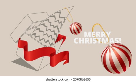 Creative abstract Christmas poster in vector. Beautiful bright red ribbon that wraps around a gift box with a Christmas tree. Realistic 3D Christmas balls in red and white stripes on a gold cord