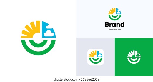 Creative abstract circle sun blue sky cloud with half green nature landscape, Symbol emblem circle with geometric shapes modern concept style suitable for brand identity and business company