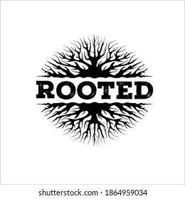 Creative abstract circular roots with ROOTED text on white background vector logo design template