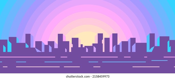 Ciudad creativa abstracta por la noche con fondo de puesta de sol. Ilustración horizontal plana brillante del entorno urbano.