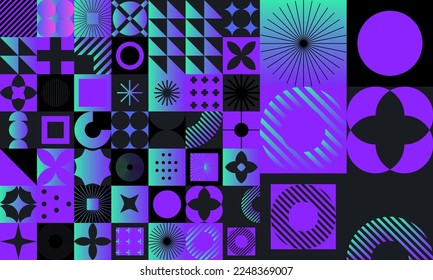 Creative abstract collage of different forms and shapes in neon gradient color palette. 