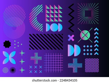 Creative abstract collage of different forms and shapes in neon gradient color palette. 