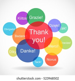Creative abstract color vector illustration of the set of Thank you texts in different languages in colorful circles on white background