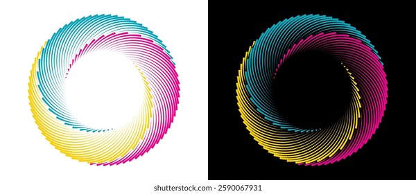 Creative abstract colorful circle. Geometric spiral as logo or icon template. The same shape on white and black background.