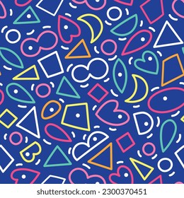 Creative abstract colorful line doodle seamless pattern on bright blue background. 90s retro vibe seamless pattern squiggle style drawing
