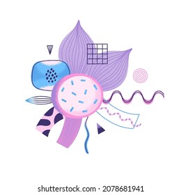 Creative abstract composition of different textured shapes in hand-drawn style. Modern art illustration in pink, purple, blue colors. Print on T-shirt, phone case, notebook cover and more. Vector