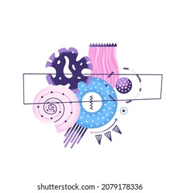 Creative abstract composition of different textured shapes in hand-drawn style. Modern art illustration in pink, purple, blue colors. Print on T-shirt, phone case, notebook cover and more. Vector