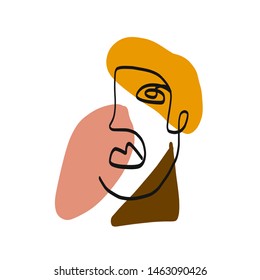 Creative abstract composition with one line continuous face portrait, colorful shapes. Freehand art. 